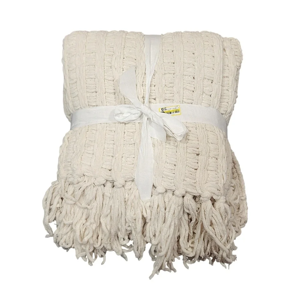 J&M Home Fashions Luxury Chenille Throw with Tassels Thick Loose Knit Cream‎